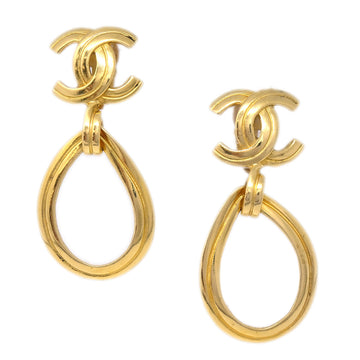 CHANEL Dangle Hoop Earrings Gold Clip-On 96P 112946