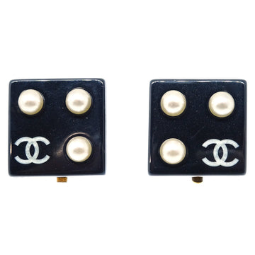 CHANEL Artificial Pearl Square Earrings Clip-On Black 03C 113047