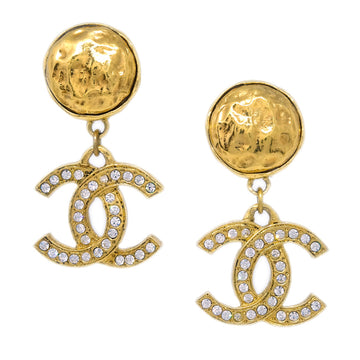 CHANEL Rhinestone Dangle Earrings Clip-On Gold 113105