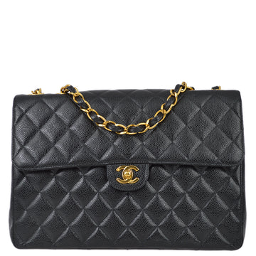 CHANEL Black Caviar Jumbo Classic Flap Shoulder Bag 123028