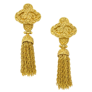 CHANEL Fringe Charm Dangle Earrings Clip-On Gold 94A 142122