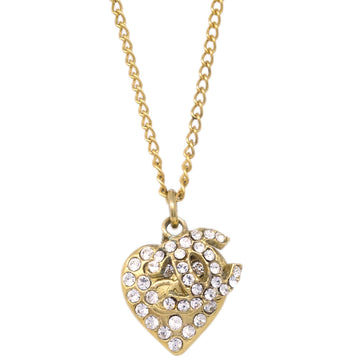 CHANEL Heart Chain Pendant Necklace Rhinestone Gold 02P 132320