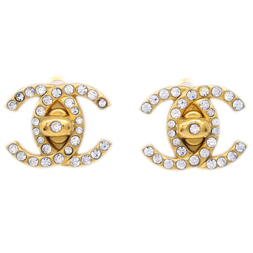 CHANEL Gold CC Turnlock Earrings Rhinestone Clip-On Small 96A 122300