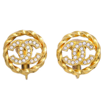 CHANEL Gold Button Earrings Clip-On Rhinestone 2137 123224