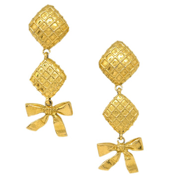 CHANEL Bow Dangle Earrings Clip-On Gold 113274