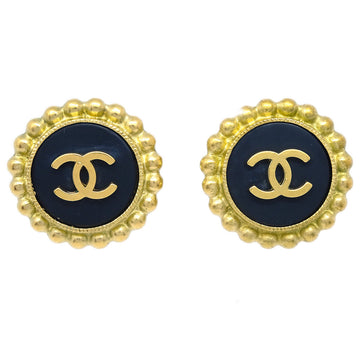 CHANEL Gold Black Button Earrings Clip-On 95P 132625