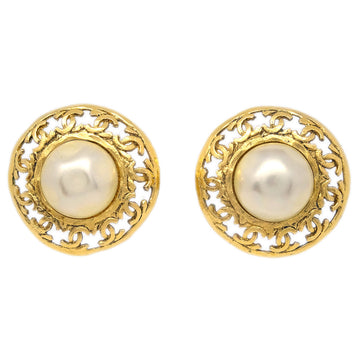 CHANEL Gold Button Artificial Pearl Earrings Clip-On 25/2726 142889