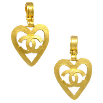CHANEL Dangle Heart Earrings Gold Clip-On 95P 191225