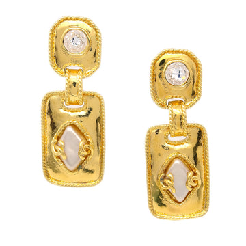 CHANEL Artificial Pearl Rhinestone Dangle Earrings Clip-On Gold 95A 142752