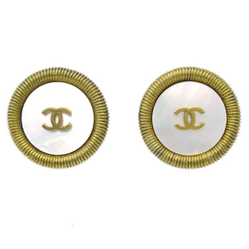 CHANEL Button Earrings Shell Clip-On Gold 94P 152209