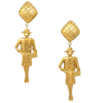 CHANEL Mademoiselle Dangle Earrings Clip-On Gold 152553