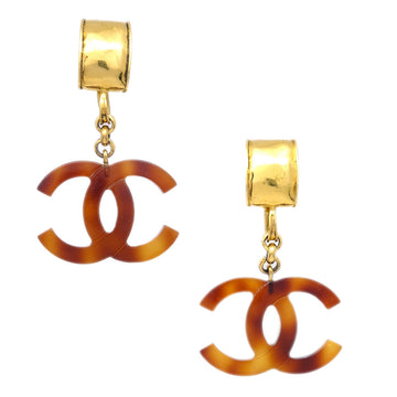 CHANEL CC Dangle Earrings Gold Clip-On Brown 94P KK92011