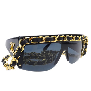 CHANEL Chain Sunglasses Eyewear Black Small Good 132972