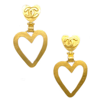 CHANEL Heart Dangle Hoop Earrings Gold Clip-On 95P 133067