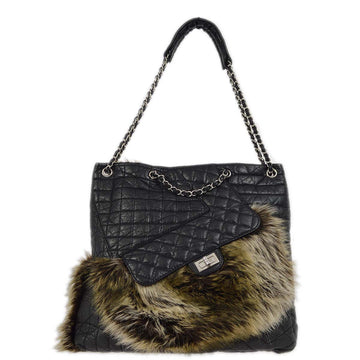 CHANEL Black Calfskin Fur Mademoiselle Lock 2way Tote Handbag 171974