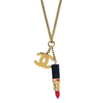 CHANEL Lipstick Chain Pendant Necklace Rhinestone Gold 04A 191179