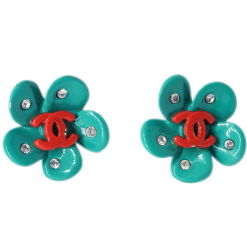 CHANEL Flower Piercing Earrings Rhinestone Green 04P 191194