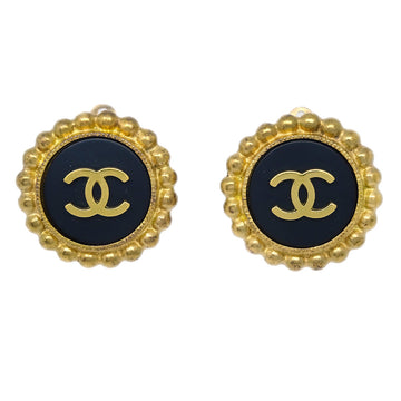 CHANEL Gold Black Button Earrings Clip-On 95P 133081