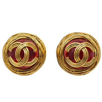CHANEL Gripoix Button Earrings Clip-On Gold Red 94A 171630