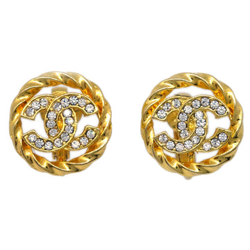 CHANEL Gold Button Earrings Clip-On Rhinestone 2137 171640