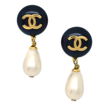 CHANEL Artificial Pearl Dangle Earrings Clip-On Gold 96P KK90830