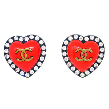 CHANEL Heart Rhinestone Earrings Clip-On Red 95P 191404