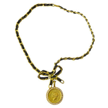 CHANEL Gold Black Bow Medallion Rhinestone Pendant Necklace 95P 191407