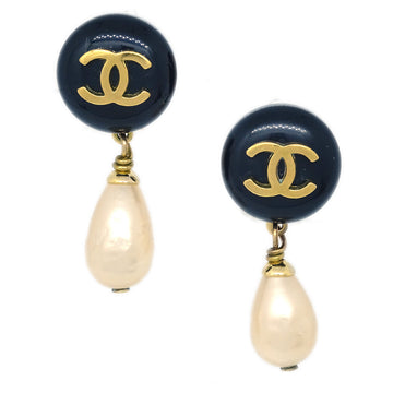 CHANEL Artificial Pearl Dangle Earrings Clip-On Gold 94A 181869