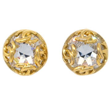 CHANEL Gold Button Earrings Clip-On Rhinestone 181867