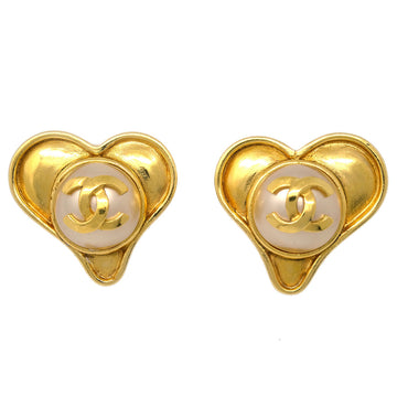 CHANEL Gold Heart Earrings Clip-On Artificial Pearl 95P 182415