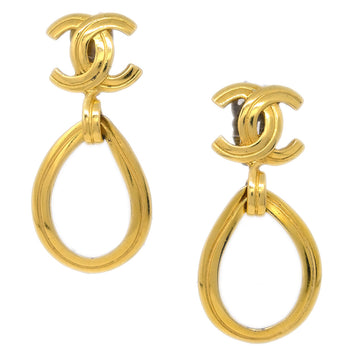 CHANEL Dangle Hoop Earrings Gold Clip-On 96P 182420