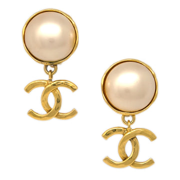 CHANEL Artificial Pearl Dangle Earrings Clip-On Gold 94A 191865