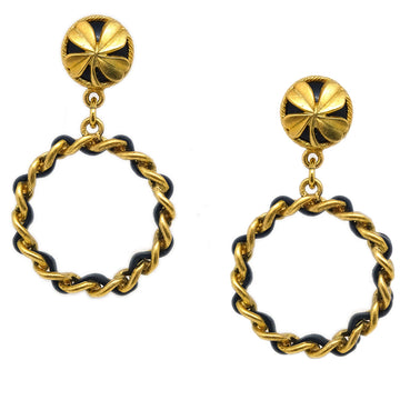 CHANEL Hoop Dangle Earrings Clip-On Gold Black 94C 191707