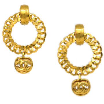 CHANEL Hoop Dangle Earrings Clip-On Gold 96P 191708