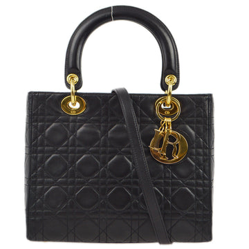CHRISTIAN DIOR Black Lambskin Lady Dior Cannage 2way Shoulder Handbag 172914