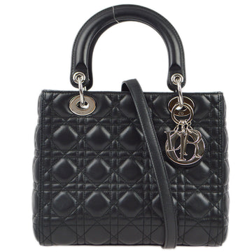 CHRISTIAN DIOR Black Lambskin Lady Dior Cannage 2way Shoulder Handbag 172919