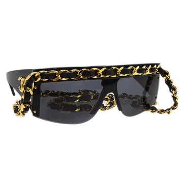 CHANEL Chain Sunglasses Eyewear Black Small Good 173028