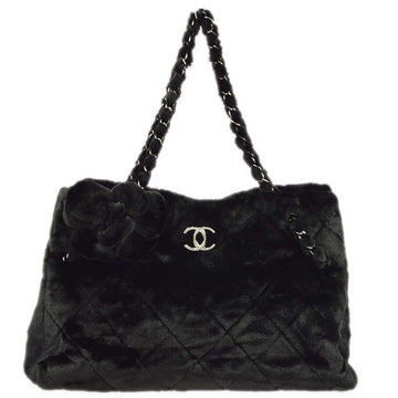 CHANEL Black Fur Camellia Shoulder Tote Bag 173188