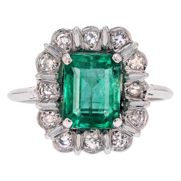 French 1970s Emerald Diamonds 18 Karat White Gold Rectangular Cluster Ring