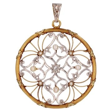 French 20th Century Fine Pearl Diamonds 18 Karat Yellow Gold Platinum Pendant