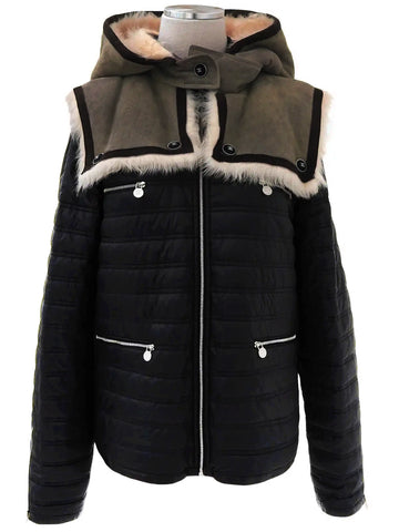 CHANEL Fur Hooded Cc Mark Zipped Blouson Black/Mocha Brown