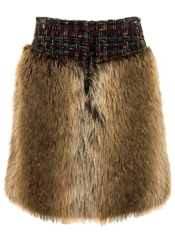 CHANEL Fur Tweed Cc Mark Plate Skirt Brown/Navy/Multi