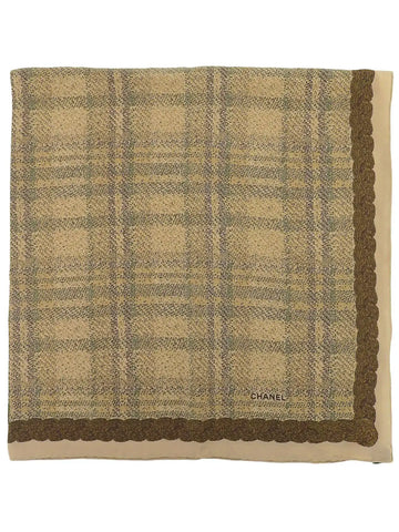 CHANEL Plaid Pattern Scarf Beige