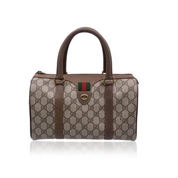 GUCCI Vintage Beige Monogram Canvas Leather Small Web Boston Bag