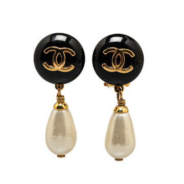 CHANEL Gold Plated CC Dangling Faux Pearl Clip on Earrings Costume Earrings