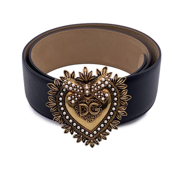 DOLCE & GABBANA Black Leather Devotion Heart Buckle Belt Size 90/36