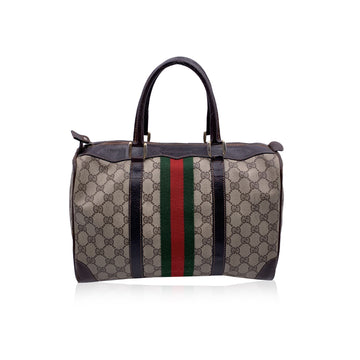 GUCCI Vintage Brown Canvas And Leather Monogram Web Boston Bag