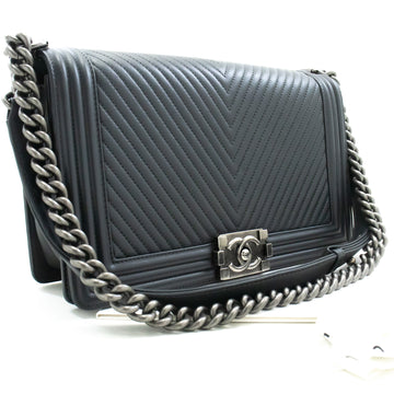 CHANEL Boy Dark Gray V-Stitch Chain Shoulder Bag Quilted Flap