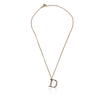 CHRISTIAN DIOR Gold Metal D Crystal Logo Pendant Chain Necklace