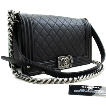 CHANEL Boy Chain Shoulder Bag Black Quilted Flap Calfskin Leather